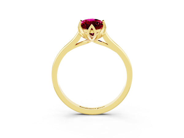 Yellow gold Marquise Cut Garnet Solitaire Ring with Flower Prong Setting and Classic Band