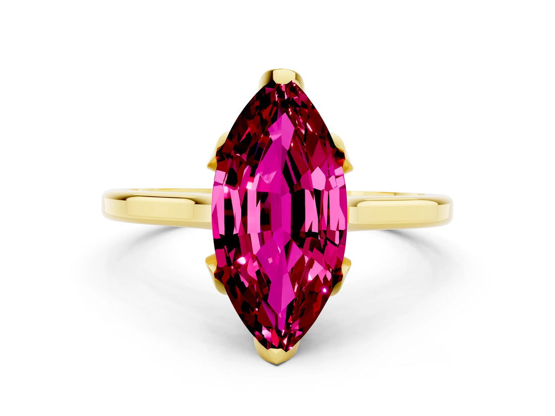 Yellow gold Marquise Cut Garnet Solitaire Ring with Flower Prong Setting and Classic Band_36