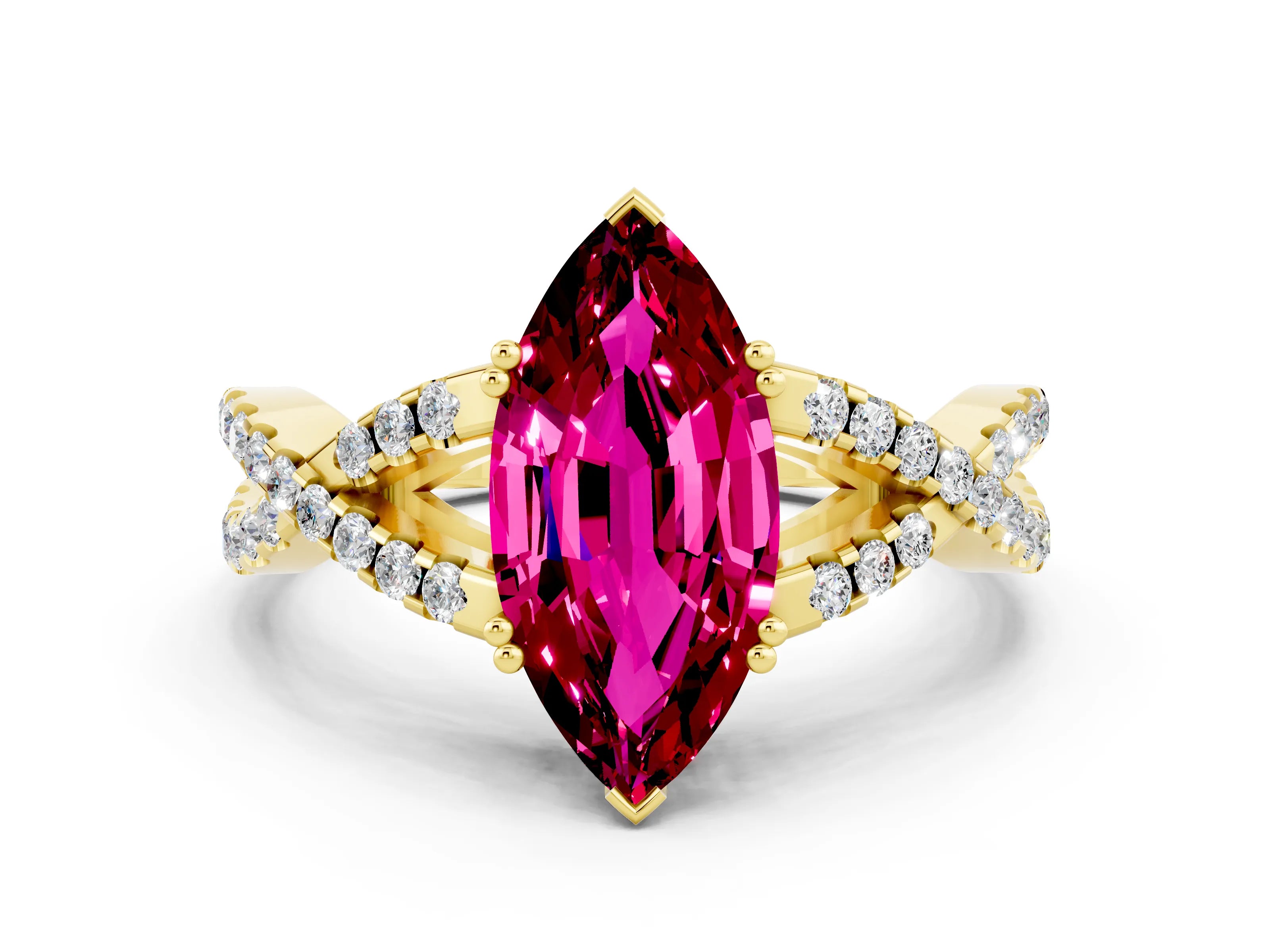 Yellow gold Marquise Cut Garnet Solitaire Ring with Four-Prong Setting and Twisted Pavé Band