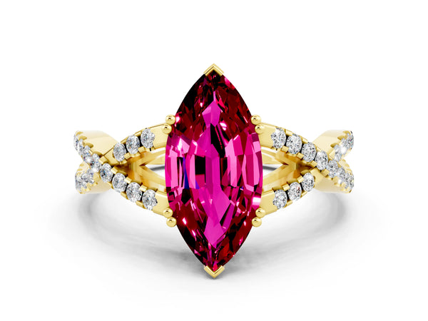Yellow gold Marquise Cut Garnet Solitaire Ring with Four-Prong Setting and Twisted Pavé Band