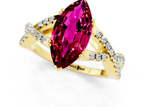 Yellow gold Marquise Cut Garnet Solitaire Ring with Four-Prong Setting and Twisted Pavé Band_1