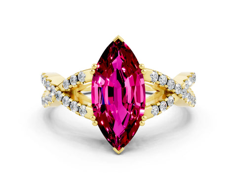 Yellow gold Marquise Cut Garnet Solitaire Ring with Four-Prong Setting and Twisted Pavé Band