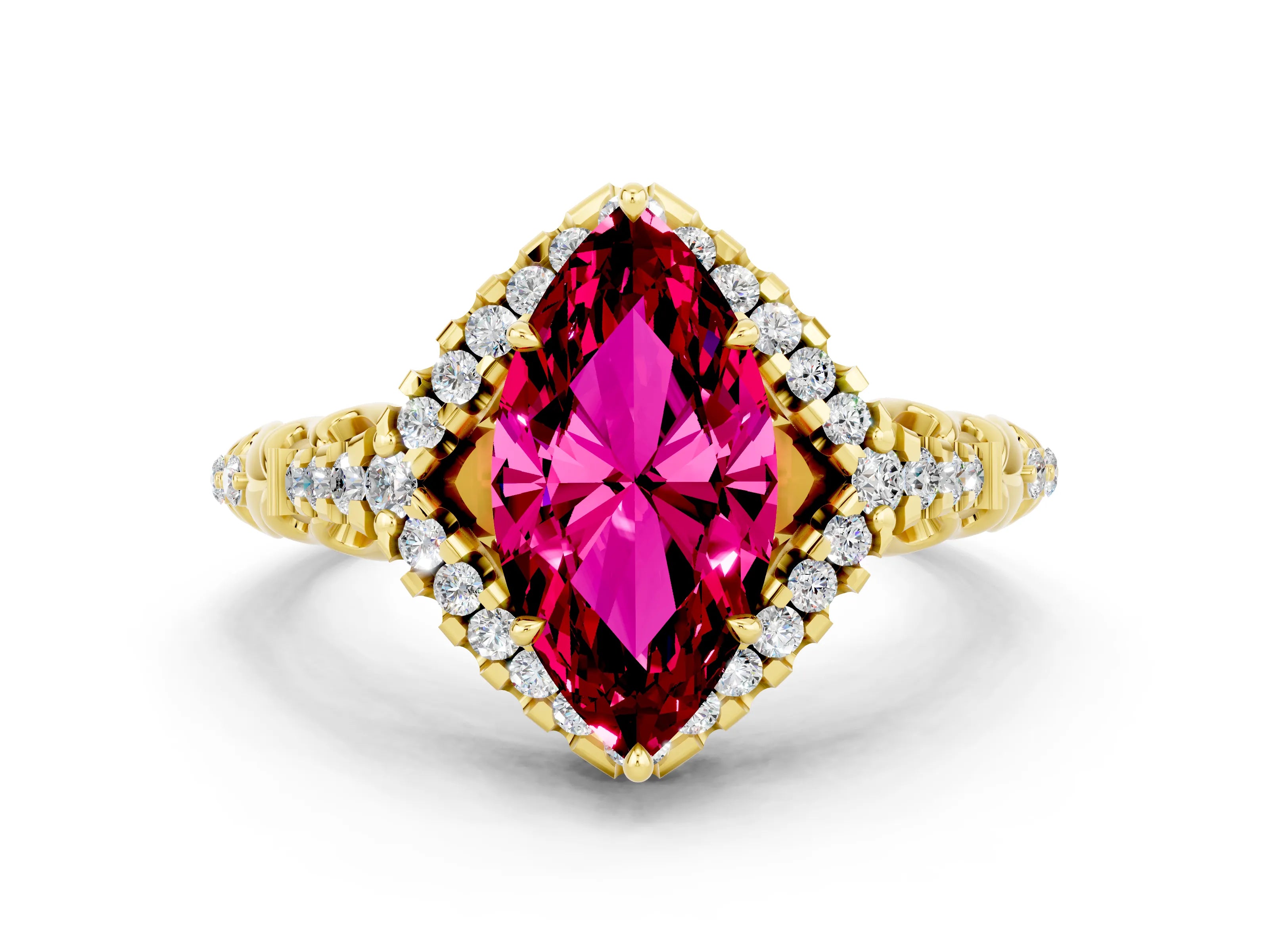 Yellow gold Marquise Cut Garnet Solitaire Ring with Hidden Halo and Pavé Band_12