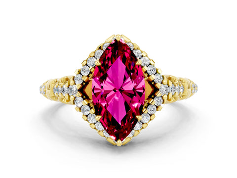 Yellow gold Marquise Cut Garnet Solitaire Ring with Hidden Halo and Pavé Band_12