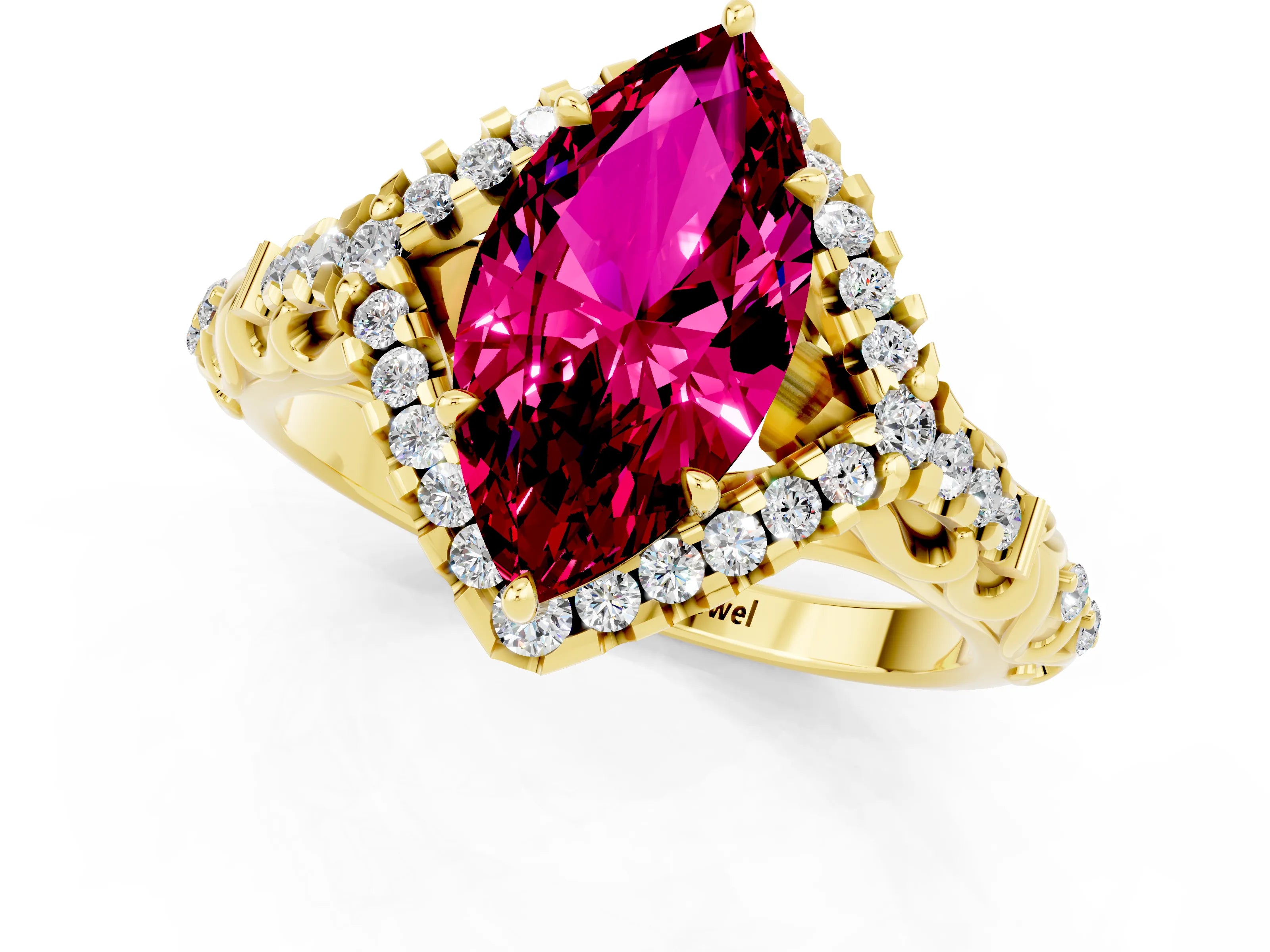 Yellow gold Marquise Cut Garnet Solitaire Ring with Hidden Halo and Pavé Band_13