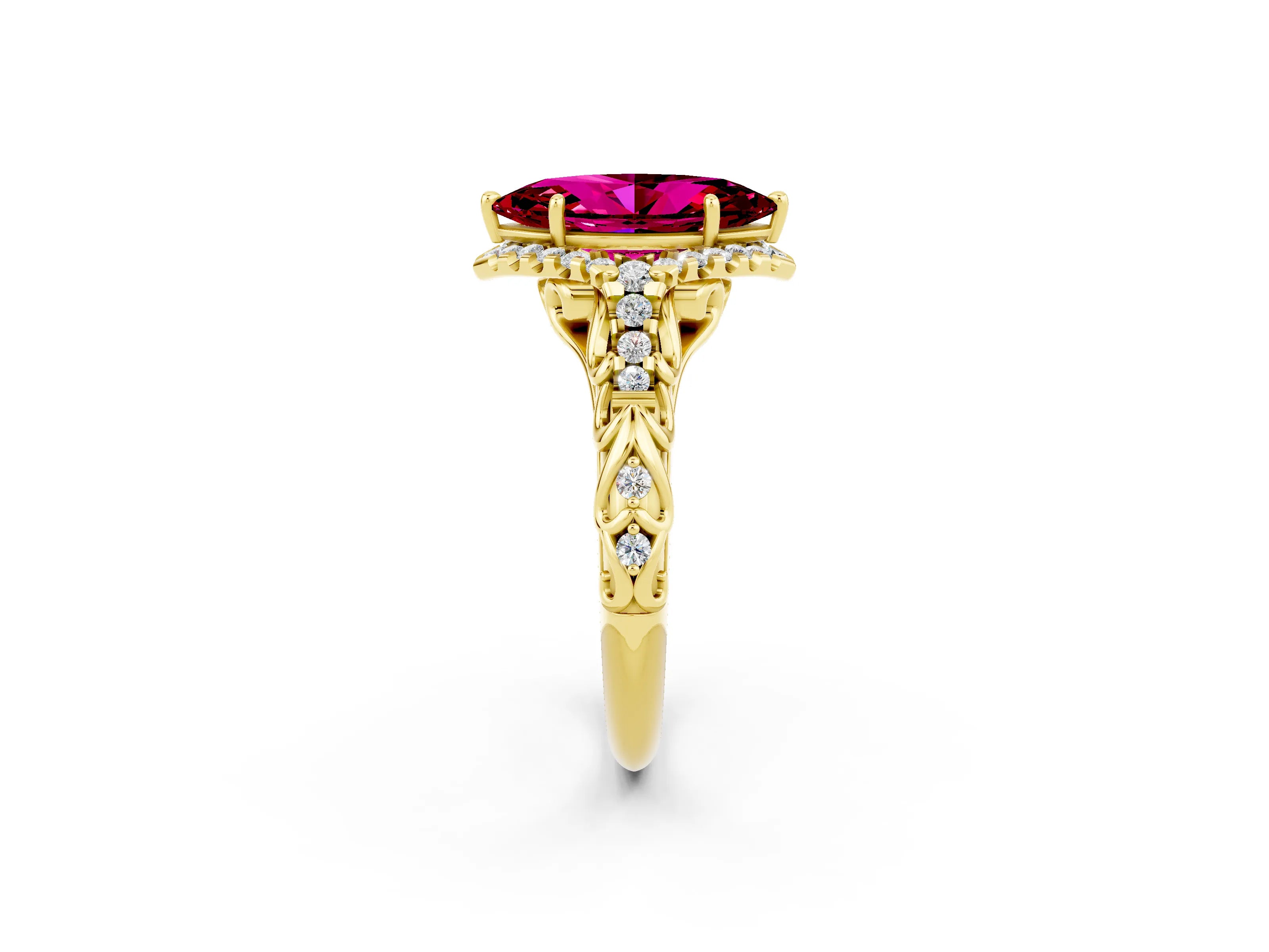Yellow gold Marquise Cut Garnet Solitaire Ring with Hidden Halo and Pavé Band_14