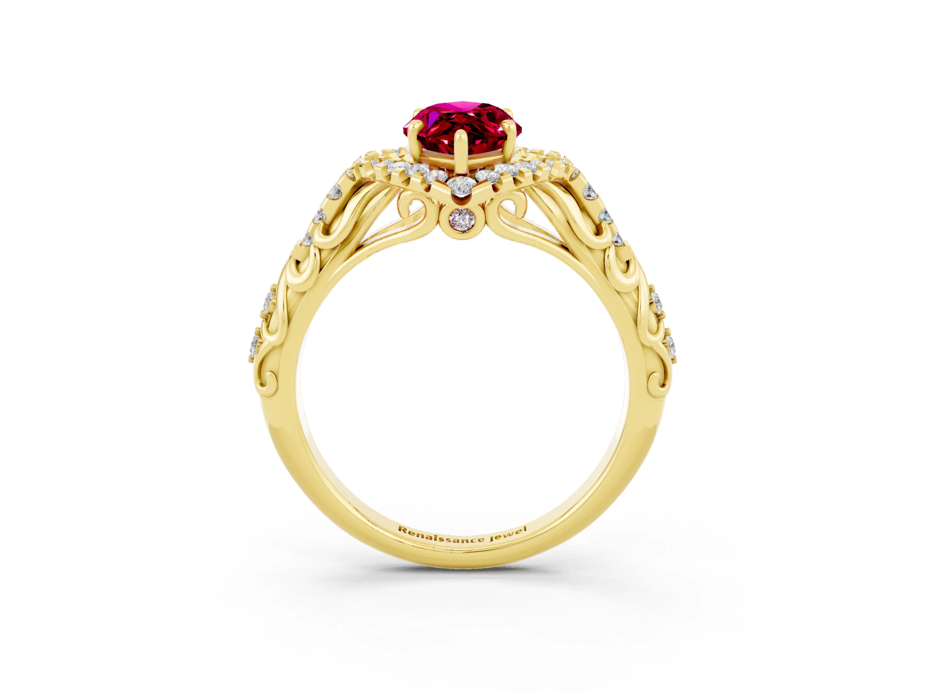 Yellow gold Marquise Cut Garnet Solitaire Ring with Hidden Halo and Pavé Band_15