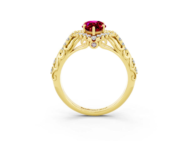 Yellow gold Marquise Cut Garnet Solitaire Ring with Hidden Halo and Pavé Band