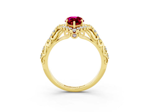 Yellow gold Marquise Cut Garnet Solitaire Ring with Hidden Halo and Pavé Band_15