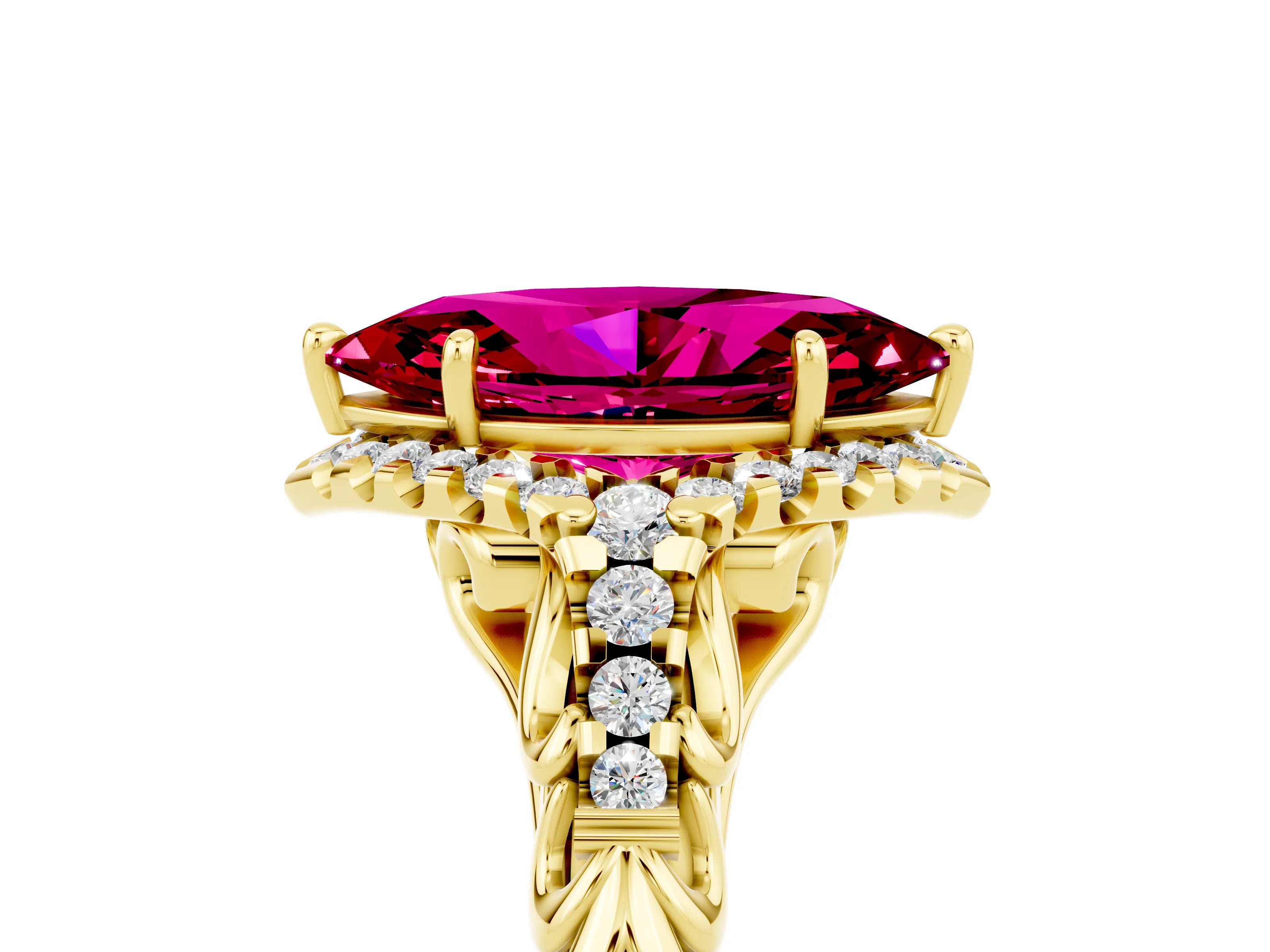 Yellow gold Marquise Cut Garnet Solitaire Ring with Hidden Halo and Pavé Band_17