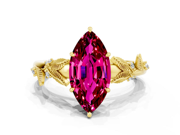 Yellow gold Marquise Cut Garnet Solitaire Ring with Leaf Motif Band and Four-Prong Setting