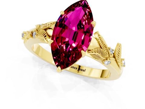 Yellow gold Marquise Cut Garnet Solitaire Ring with Leaf Motif Band and Four-Prong Setting_1