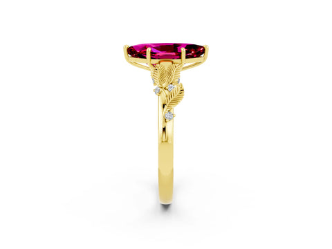 Yellow gold Marquise Cut Garnet Solitaire Ring with Leaf Motif Band and Four-Prong Setting_2