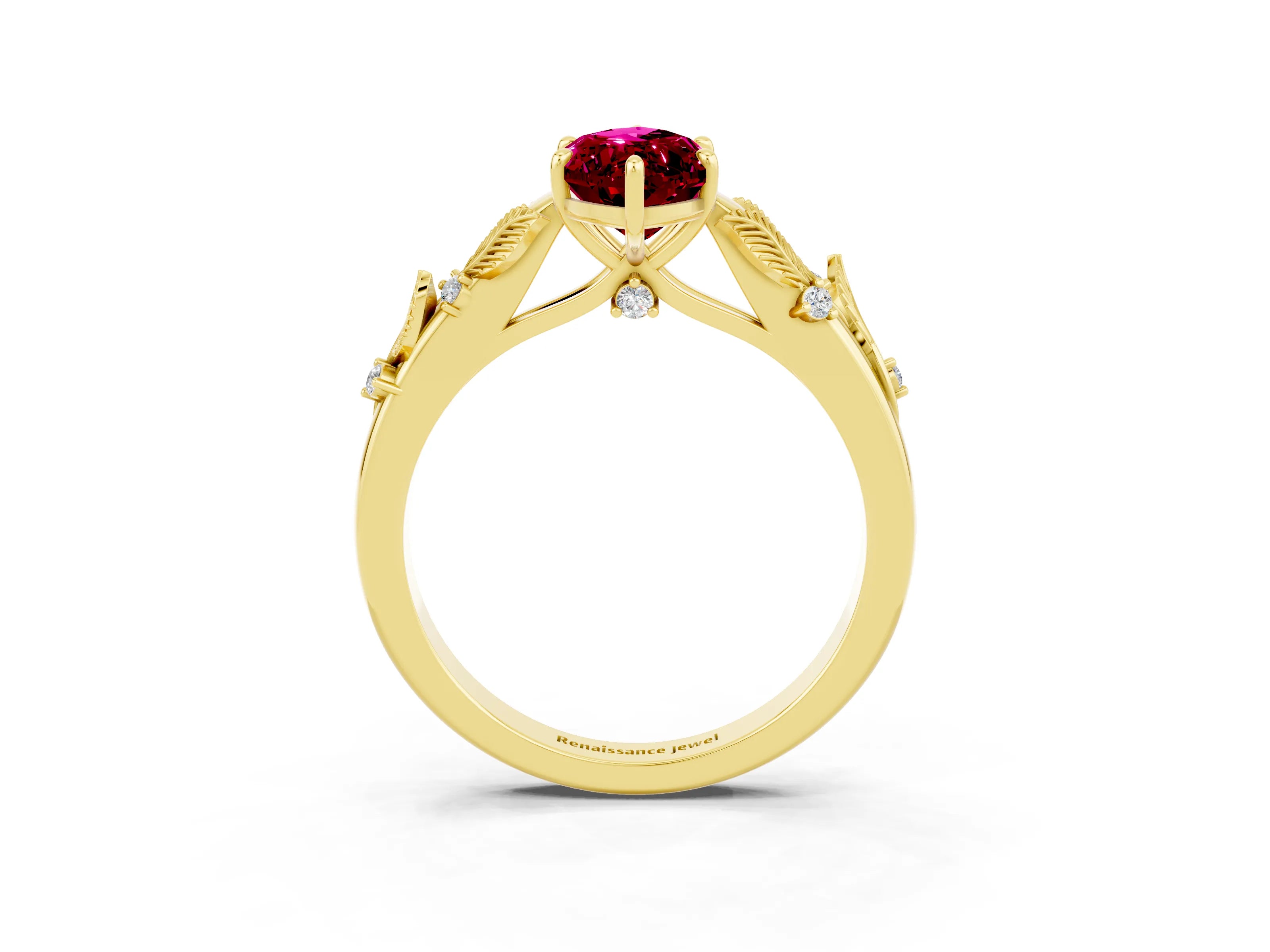 Yellow gold Marquise Cut Garnet Solitaire Ring with Leaf Motif Band and Four-Prong Setting_3