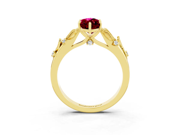Yellow gold Marquise Cut Garnet Solitaire Ring with Leaf Motif Band and Four-Prong Setting