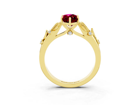 Yellow gold Marquise Cut Garnet Solitaire Ring with Leaf Motif Band and Four-Prong Setting_3