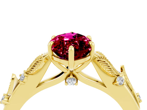 Yellow gold Marquise Cut Garnet Solitaire Ring with Leaf Motif Band and Four-Prong Setting_4