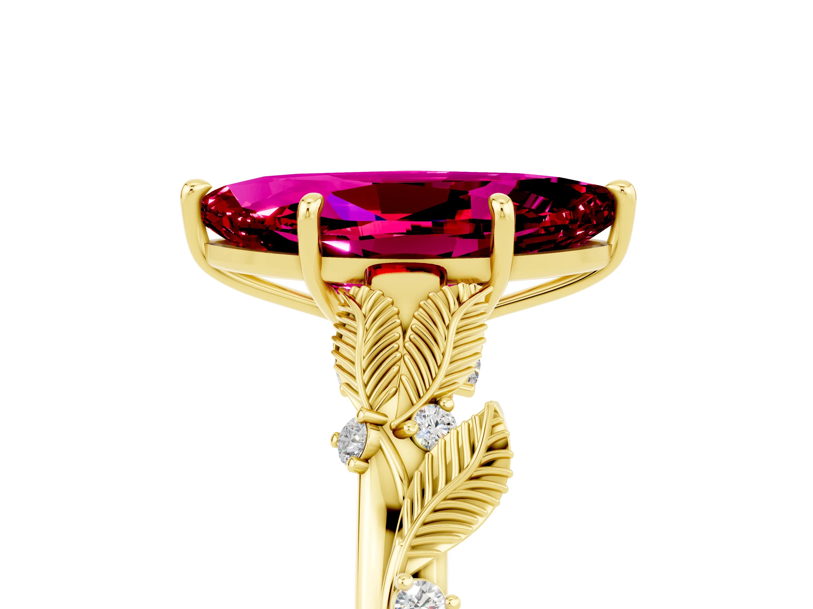 Yellow gold Marquise Cut Garnet Solitaire Ring with Leaf Motif Band and Four-Prong Setting_5