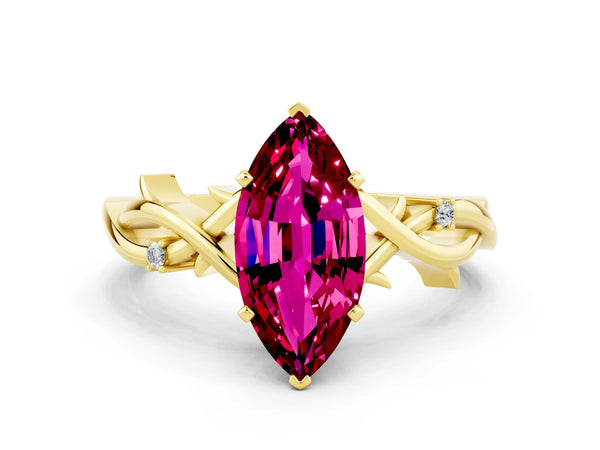 Yellow gold Marquise Cut Garnet Solitaire Ring with Milgrain Pavé Band and Four-Prong Setting