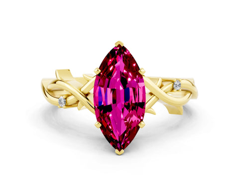 Yellow gold Marquise Cut Garnet Solitaire Ring with Milgrain Pavé Band and Four-Prong Setting_12