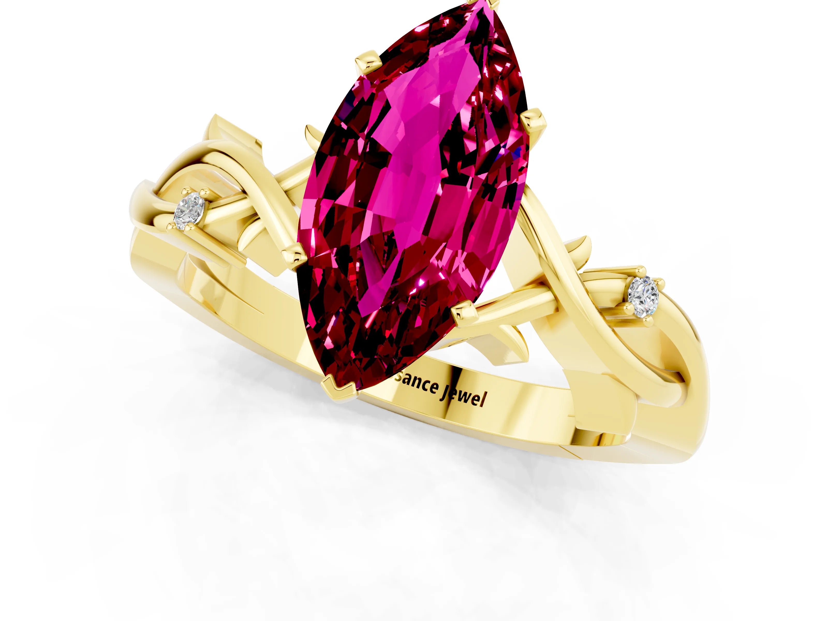 Yellow gold Marquise Cut Garnet Solitaire Ring with Milgrain Pavé Band and Four-Prong Setting_13