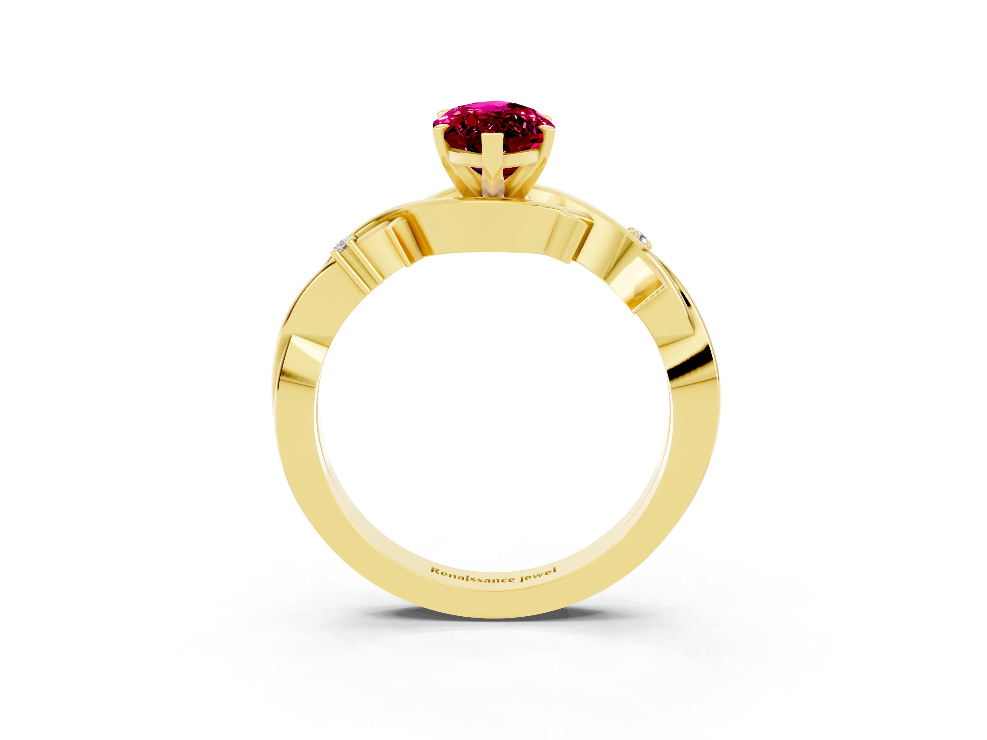 Yellow gold Marquise Cut Garnet Solitaire Ring with Milgrain Pavé Band and Four-Prong Setting_15
