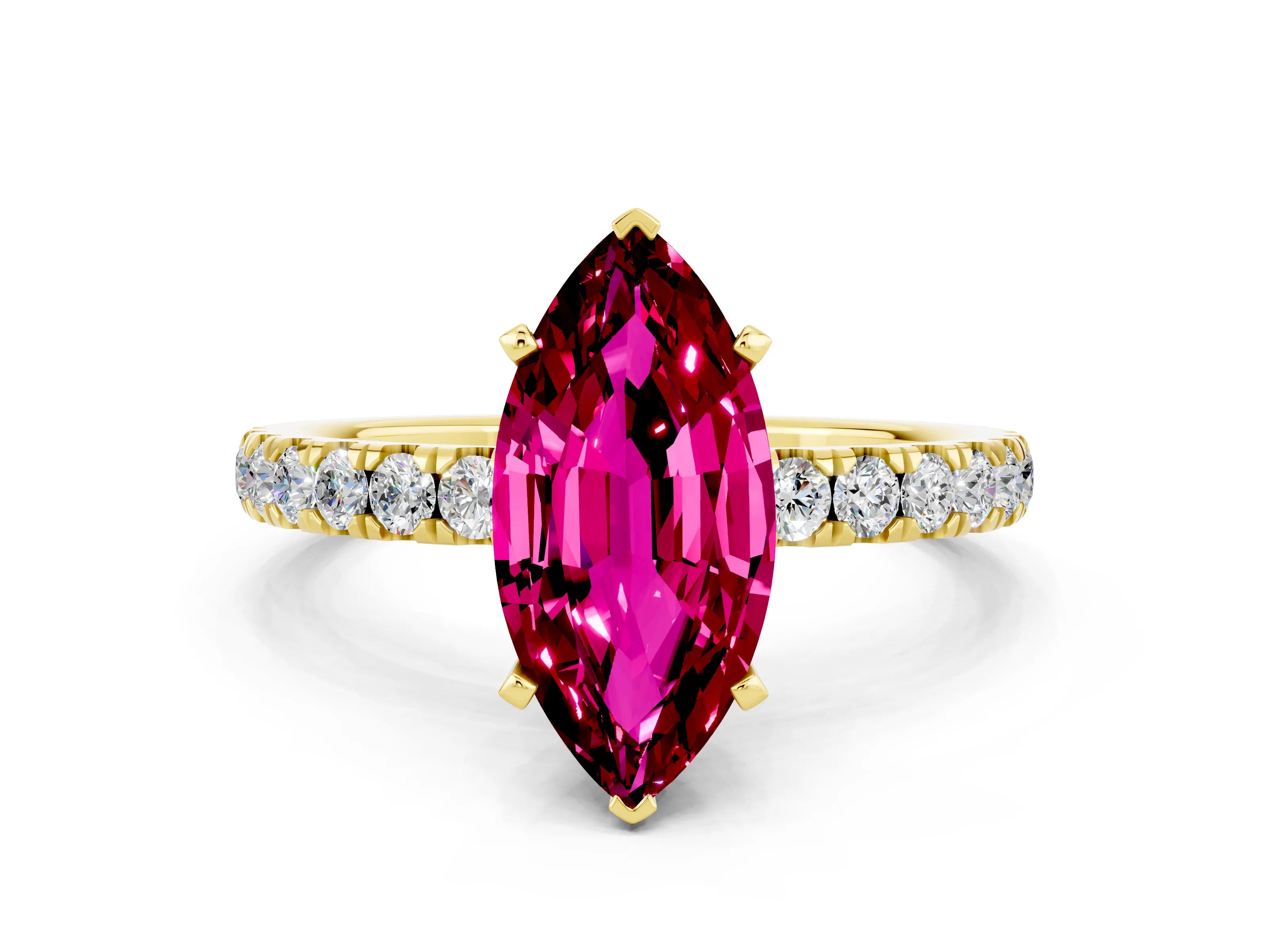 Yellow gold Marquise Cut Garnet Solitaire Ring with Pavé Accents and Four-Prong Setting