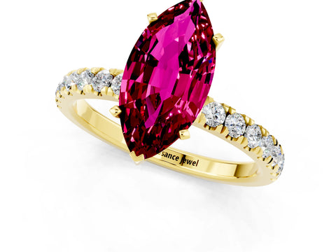 Yellow gold Marquise Cut Garnet Solitaire Ring with Pavé Accents and Four-Prong Setting_1