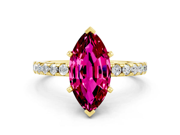 Yellow gold Marquise Cut Garnet Solitaire Ring with Round  Pavé Band and Four-Prong Setting