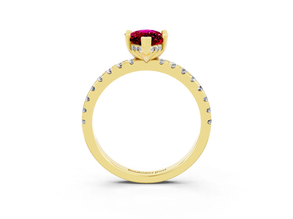 Yellow gold Marquise Cut Garnet Solitaire Ring with Round  Pavé Band and Four-Prong Setting