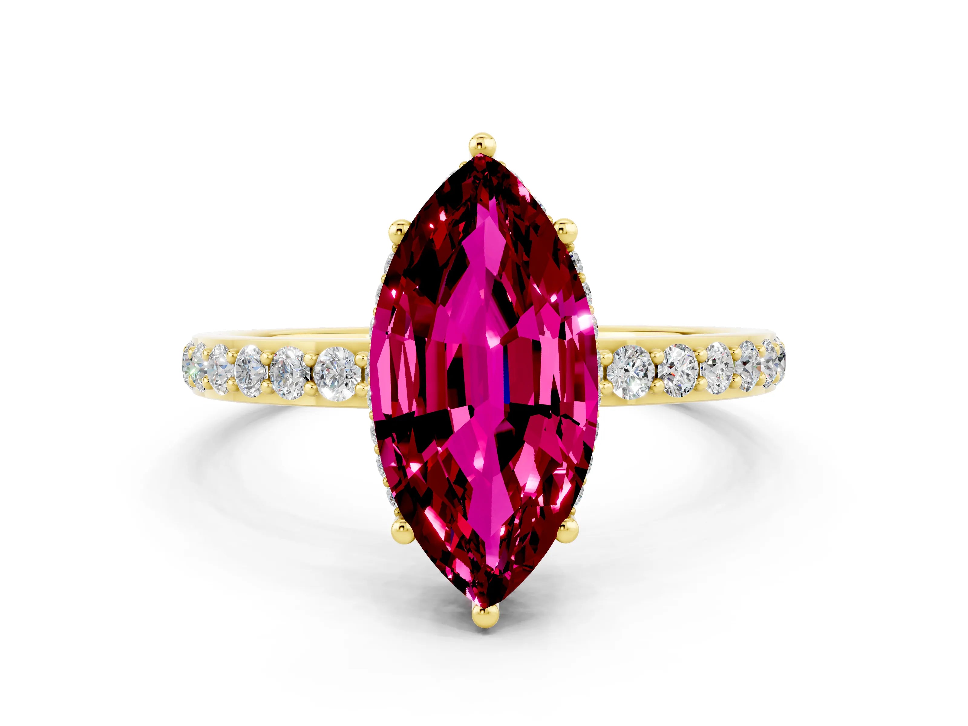 Yellow gold Marquise Cut Garnet Solitaire Ring with Pavé Band and Hidden Halo_12