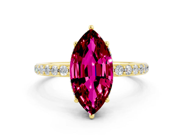 Yellow gold Marquise Cut Garnet Solitaire Ring with Pavé Band and Hidden Halo