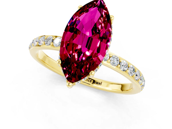 Yellow gold Marquise Cut Garnet Solitaire Ring with Pavé Band and Hidden Halo