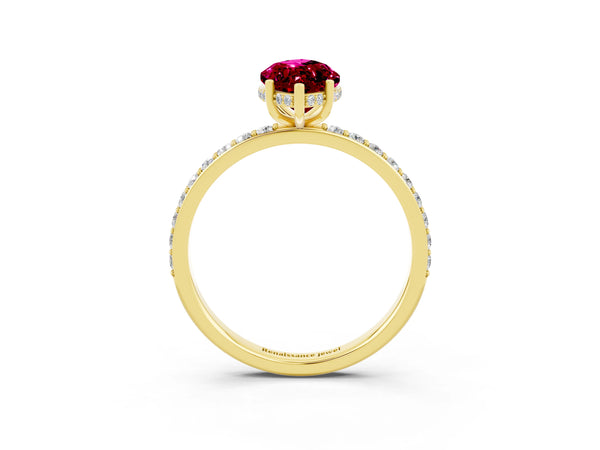 Yellow gold Marquise Cut Garnet Solitaire Ring with Pavé Band and Hidden Halo