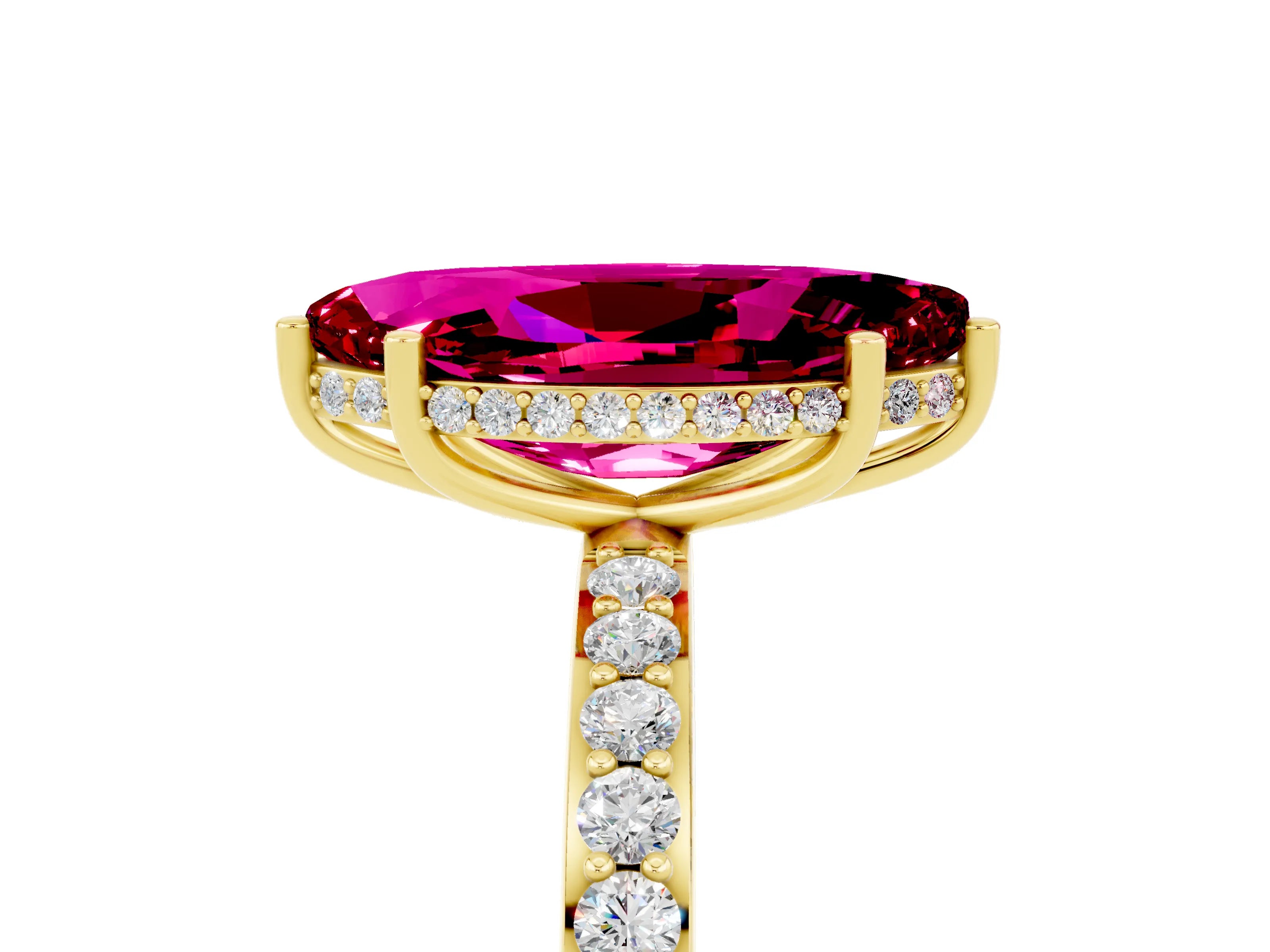 Yellow gold Marquise Cut Garnet Solitaire Ring with Pavé Band and Hidden Halo_17