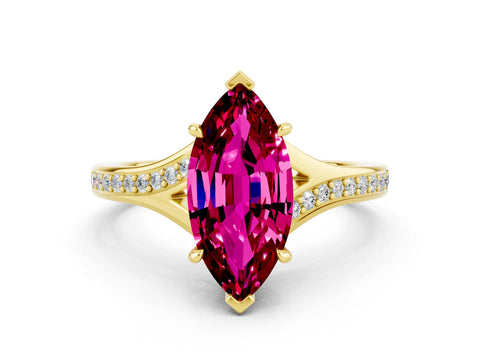 Yellow gold Marquise Cut Garnet Solitaire Ring with Pavé Band and Prong Setting_12