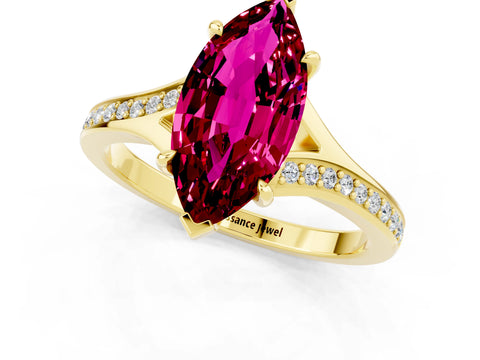 Yellow gold Marquise Cut Garnet Solitaire Ring with Pavé Band and Prong Setting_13