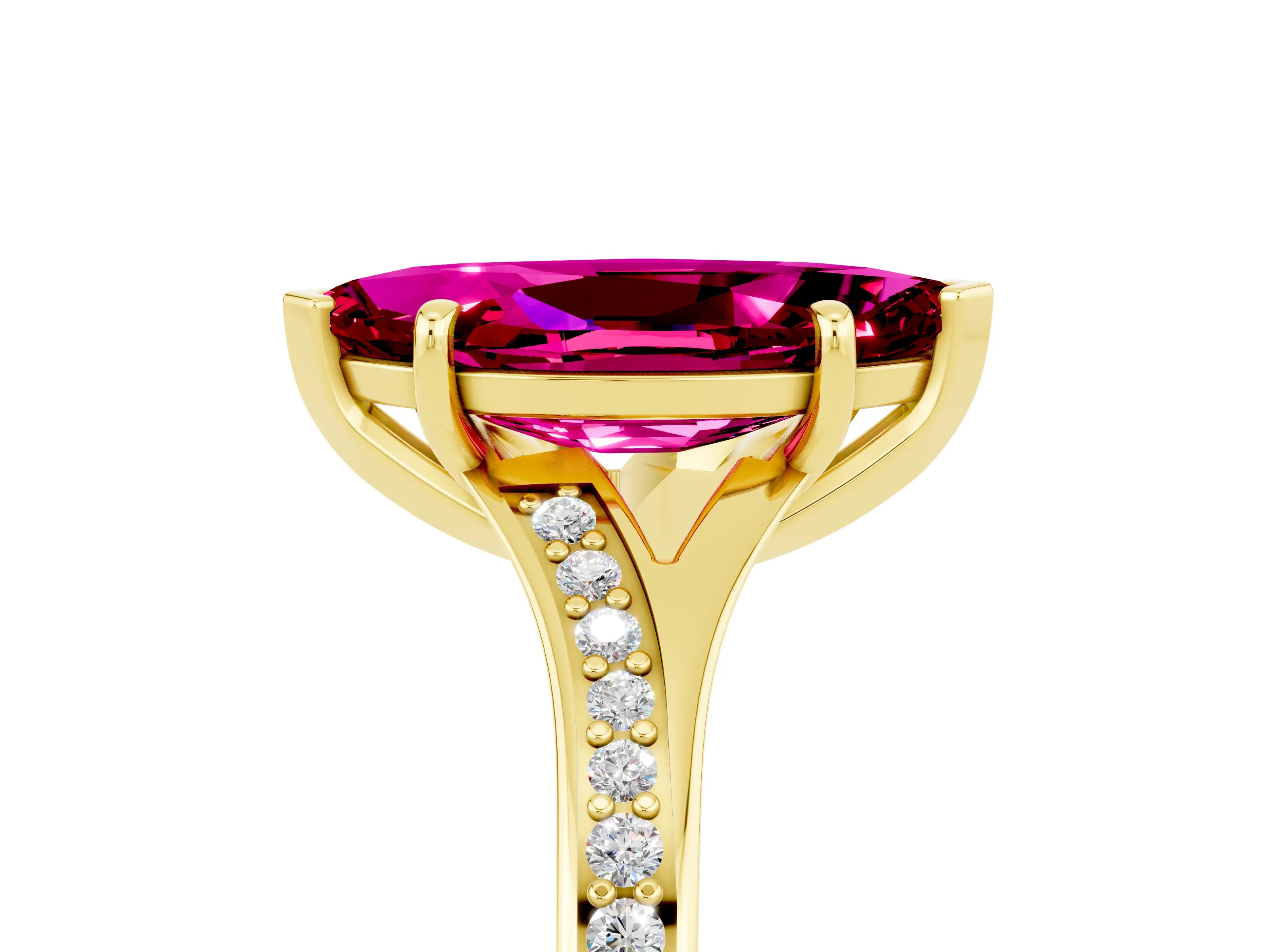 Yellow gold Marquise Cut Garnet Solitaire Ring with Pavé Band and Prong Setting_17