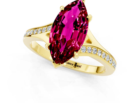 Yellow gold Marquise Cut Garnet Solitaire Ring with Pavé Band and Prong Setting_1