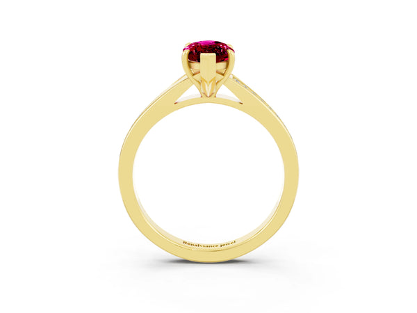 Yellow gold Marquise Cut Garnet Solitaire Ring with Pavé Band and Prong Setting