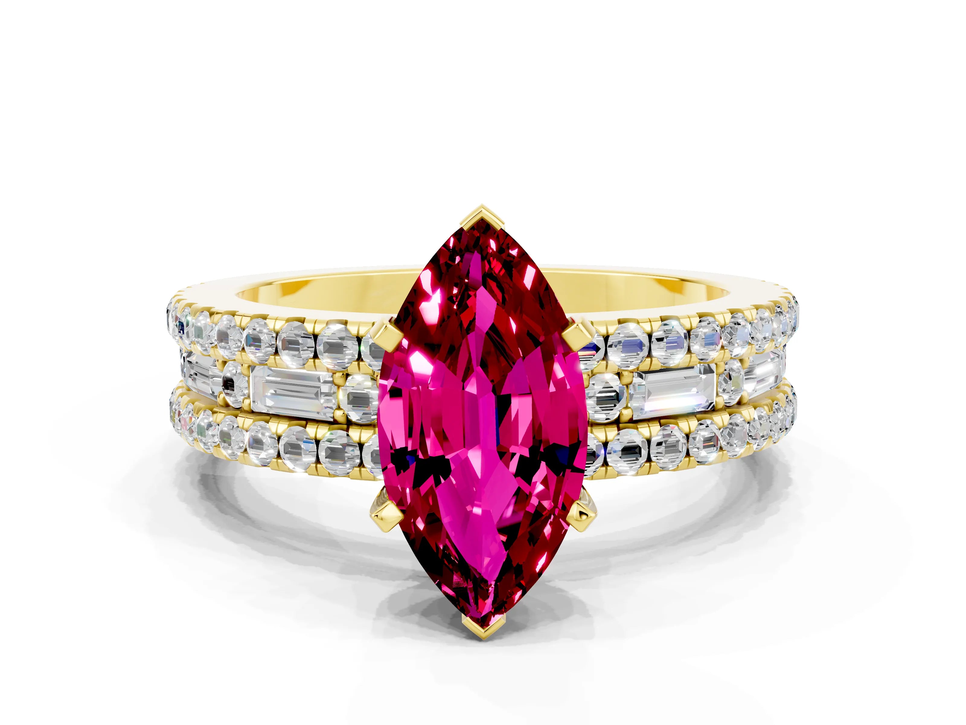 Yellow gold Marquise Cut Garnet Solitaire Ring with Pavé and Channel Set Band