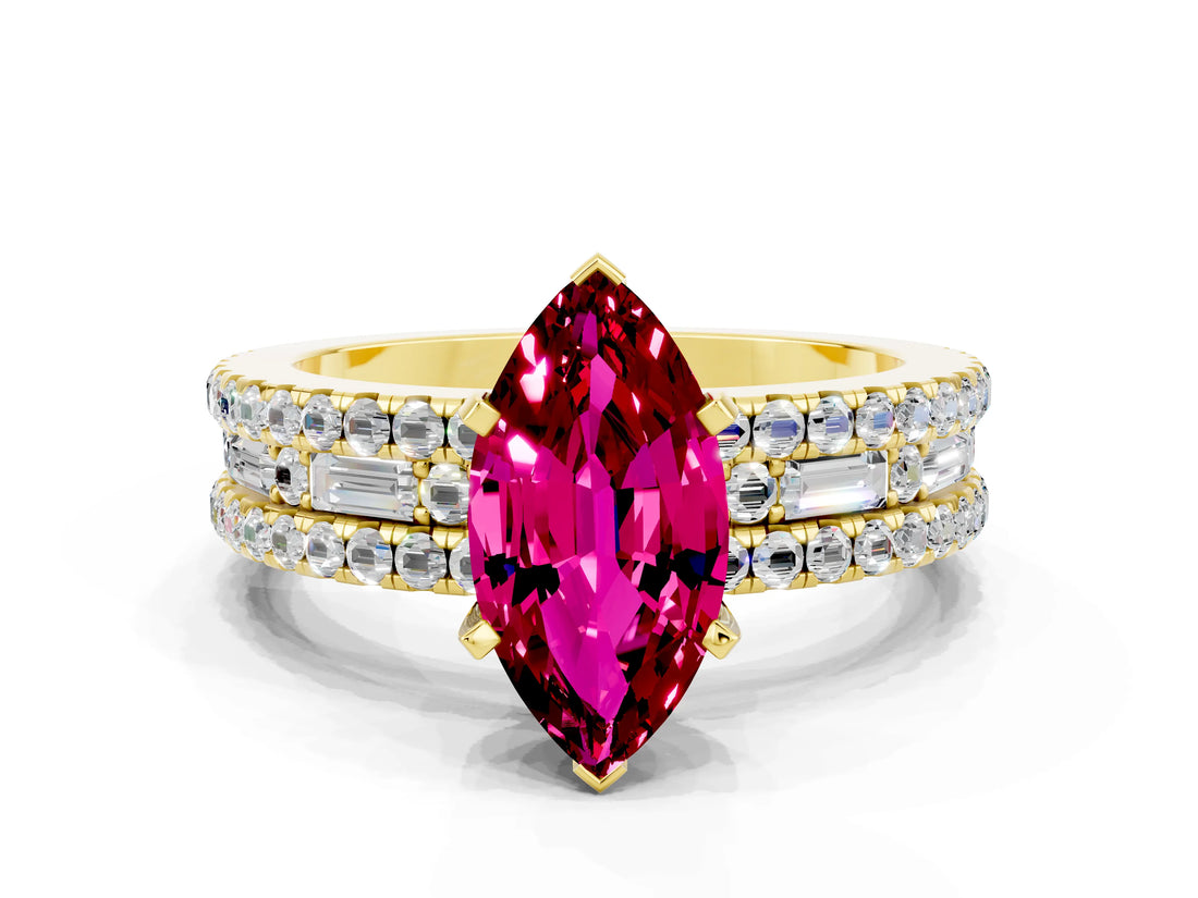 Yellow gold Marquise Cut Garnet Solitaire Ring with Pavé and Channel Set Band