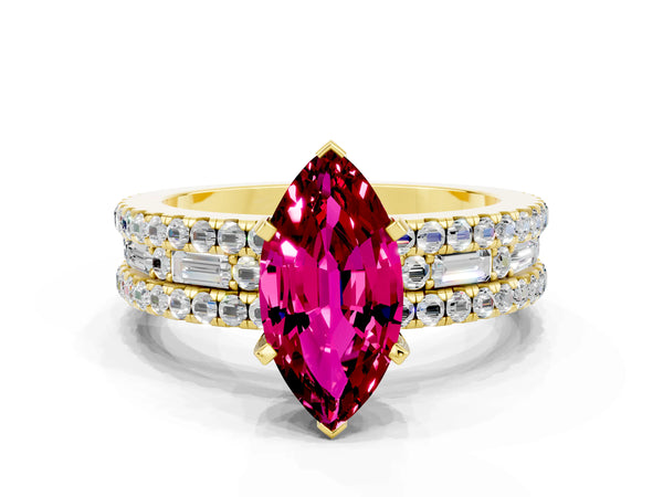 Yellow gold Marquise Cut Garnet Solitaire Ring with Pavé and Channel Set Band