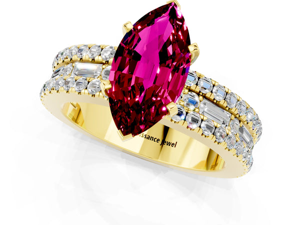 Yellow gold Marquise Cut Garnet Solitaire Ring with Pavé and Channel Set Band
