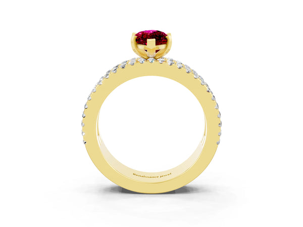 Yellow gold Marquise Cut Garnet Solitaire Ring with Pavé and Channel Set Band