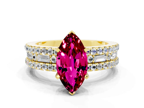 Yellow gold Marquise Cut Garnet Solitaire Ring with Pavé and Channel Set Band