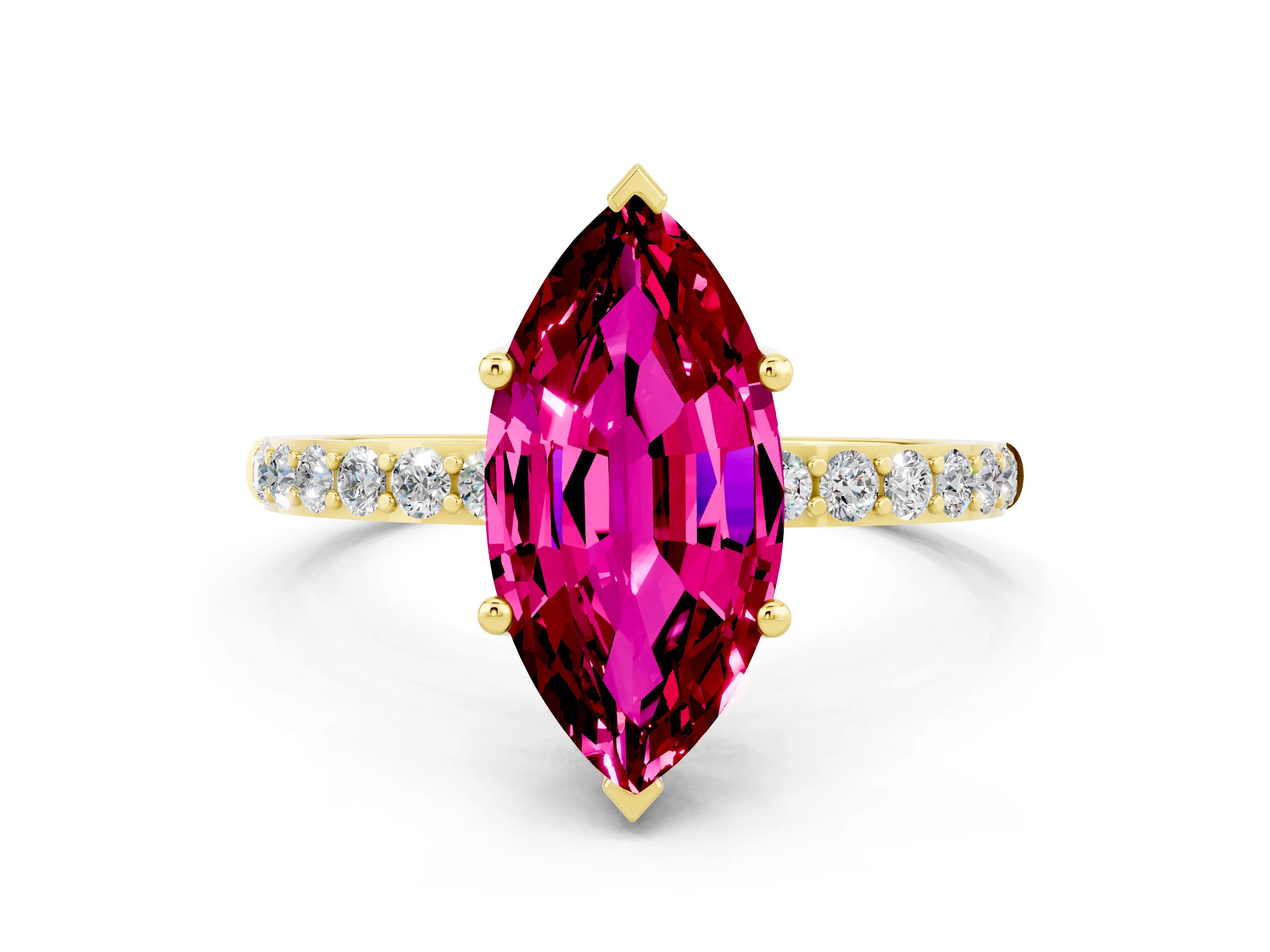 Yellow gold Marquise Cut Garnet Solitaire Ring with Pave Band and Four Prong Setting_24