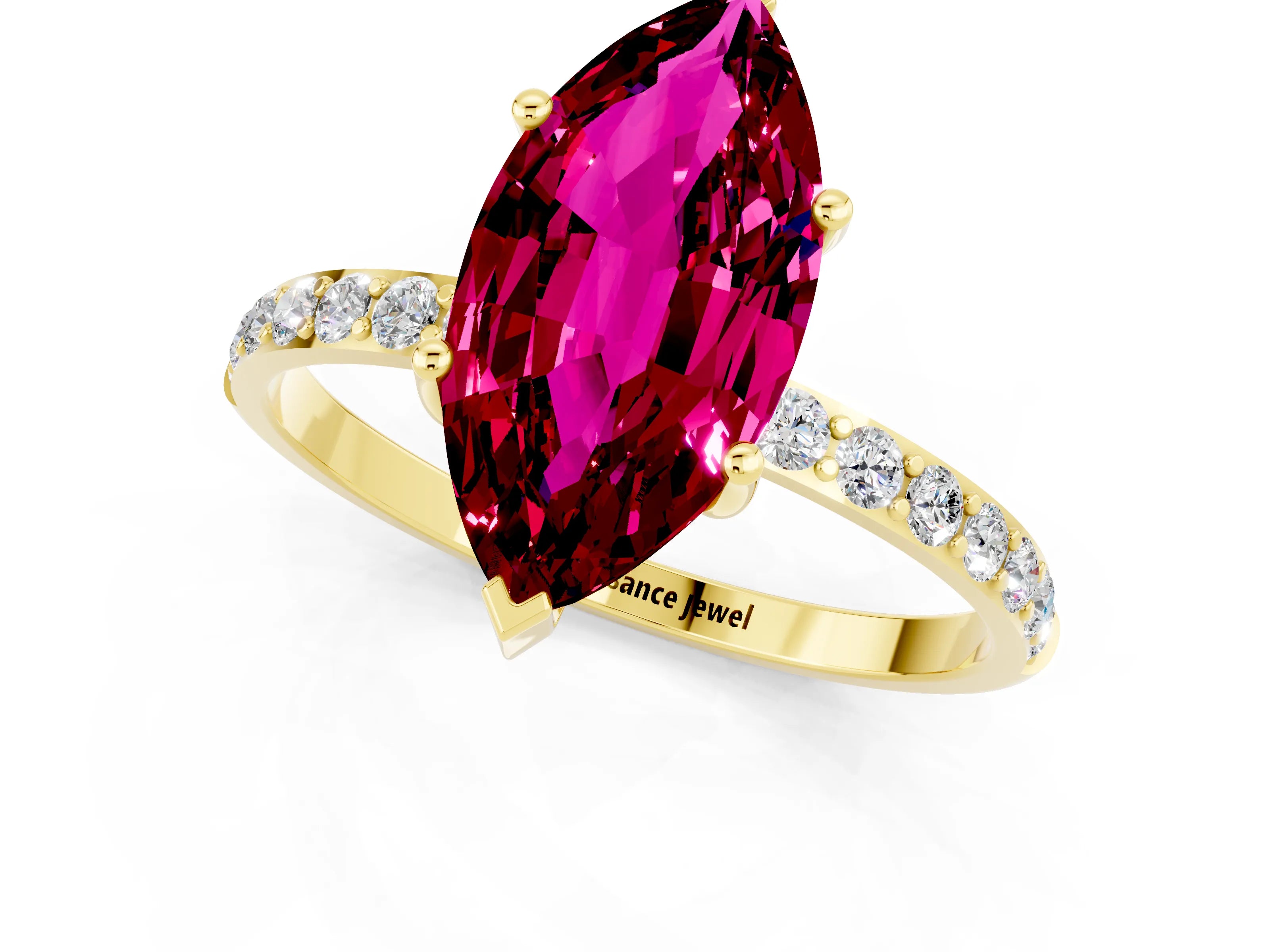 Yellow gold Marquise Cut Garnet Solitaire Ring with Pave Band and Four Prong Setting_25