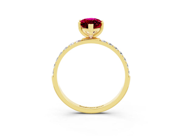 Yellow gold Marquise Cut Garnet Solitaire Ring with Round  Pavé Band and Prong Setting