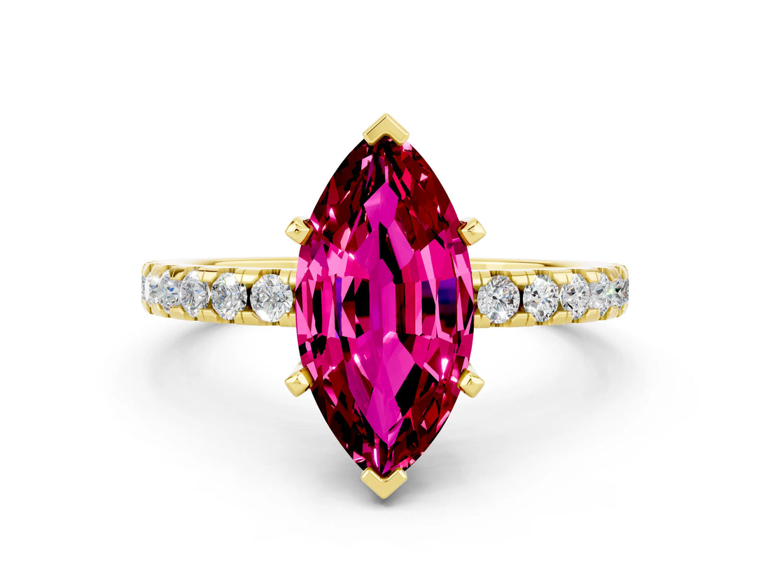 Yellow gold Marquise Cut Garnet Solitaire Ring with Round  Pavé Band and Four-Prong Setting_36